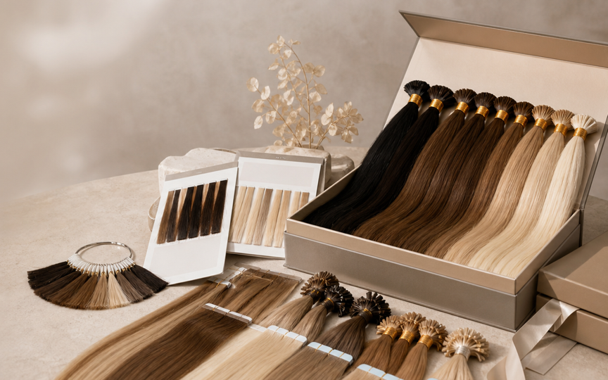 Human hair extension sample kit and colour swatches